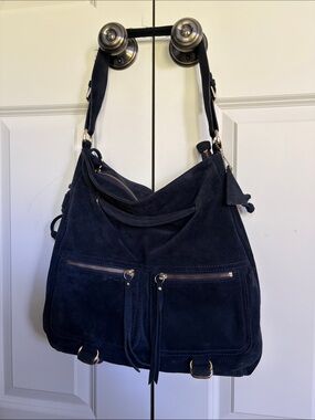 Sorial Navy Suede Shoulder Bag with Gold Hardware